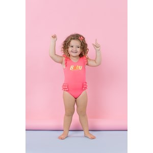 Maiô infantil com babados e silk em lycra de proteção UV 50+ Rosa Flúor