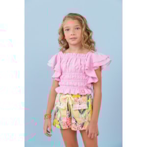 Short infantil feminino em moletom estampado Amarelo Claro