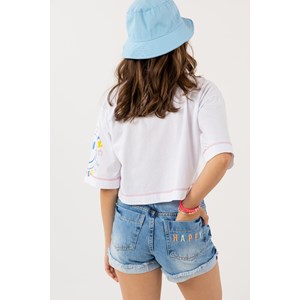 Short Jeans Feminina Teen Com Bolso Multicolorido E Detalhe No Bolso AZUL JEANS
