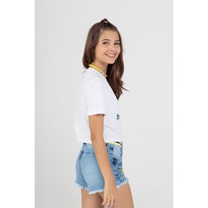 Short Jeans Feminina Teen Com Estampa Frontal " BELIEVE" Florescente AZUL JEANS