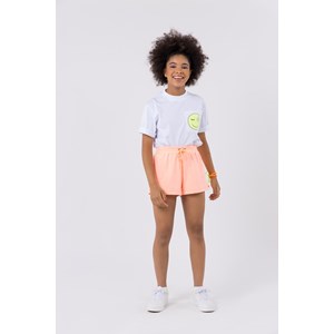 Short teen Feminino de moletom com silk no bolso Laranja Neon Flúor