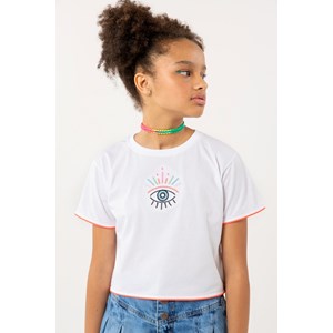 T-Shirt Cropped Feminina Teen Com Bordado Frontal " OLHO" Com Pesponto Rosa Branco