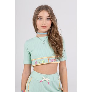 T-Shirt Cropped Feminina Teen Com Bordado Na Frontal " HAVE FUN" ACQUA