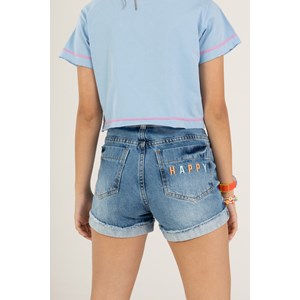 T-Shirt Feminina Teen Estampa Frontal "YOU" Com Pesponto Rosa Azul Claro