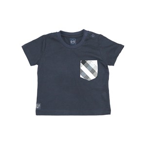 T-Shirt Infantil / Baby Em Meia Malha Penteada Com Detalhe No Bolso Em Xadrez - Um Mais Um Marinho