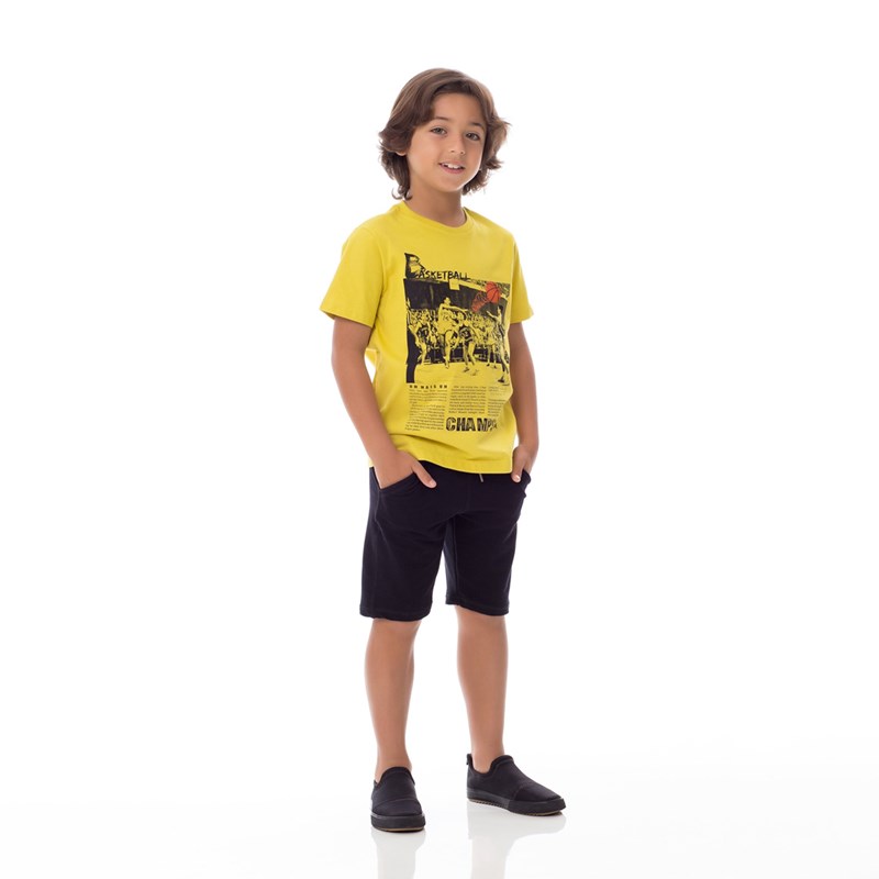 T-Shirt Infantil / Kids Em Meia Malha Penteada Com Estampa Frontal E Bordado - Um Mais Um Amarelo Canario