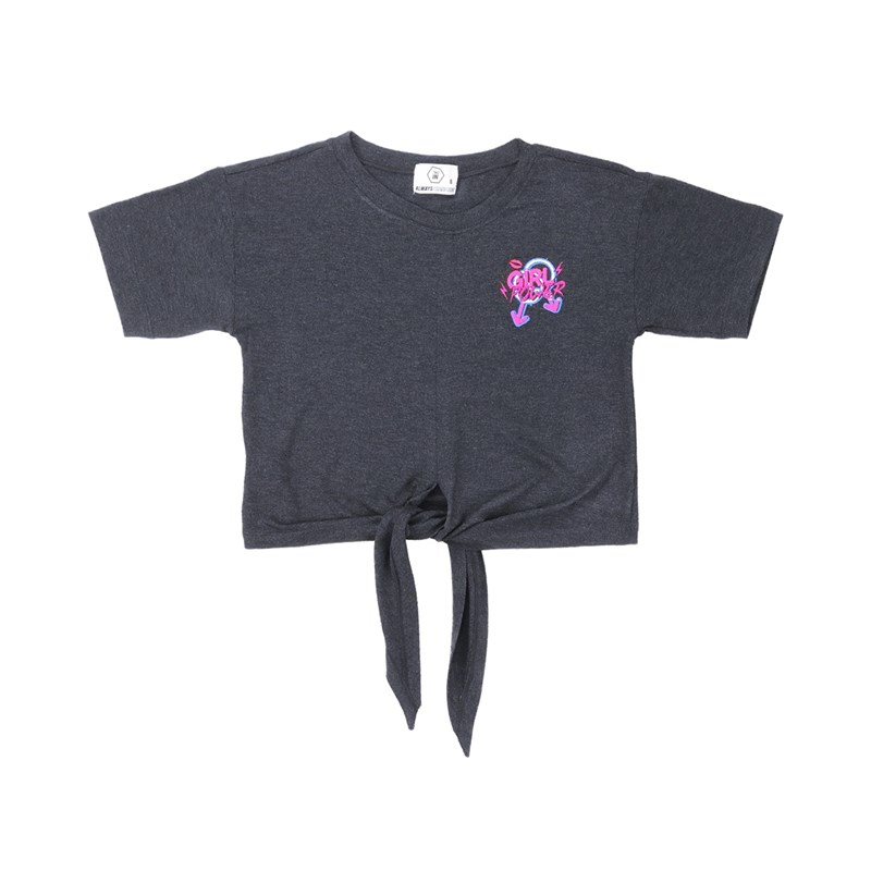 T shirt manga curta teenn em malha com amarraçao frontal e detalhe bordado Preto