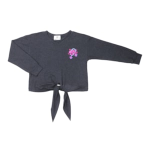 T shirt manga longa teenn em malha com amarraçao frontal e detalhe bordado Preto