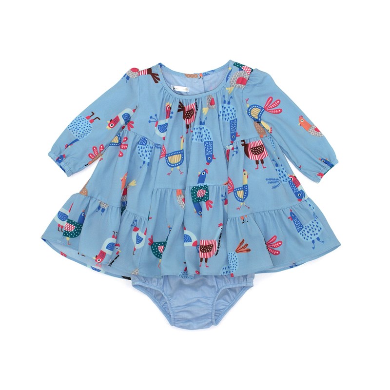 Vestido / Calcinha Infantil / Baby Em Crepe Com Lycra Estampado  - Um Mais Um Azul Claro