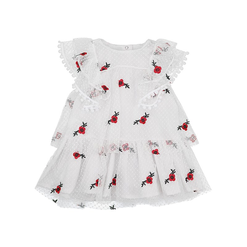 Vestido Com Calcinha Infantil / Baby Em Tule Bordado Com Flores - 1+1 Branco