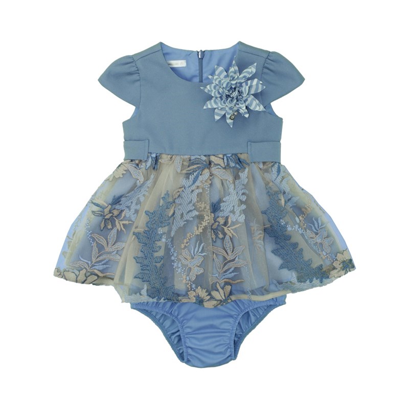 Vestido Infantil / Baby Em Crepe Chine Com Organza Engomada - Um Mais Um Azul Claro