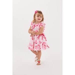 Vestido Infantil Baby Malha Estampada Com Laços Frontal E Babados Nas Mangas Rosa Claro