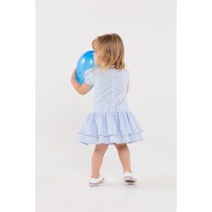 Vestido Infantil Baby Xadrez Bordado Frontal " CORAÇÃO" E Babados Franzidos Azul Claro