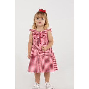 Vestido Infantil Baby Xadrez De Alcinha Com Recortes E Botões Vermelho