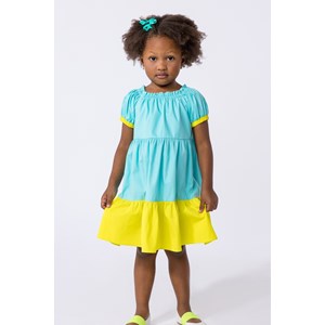 Vestido infantil bicolor em tricoline Acqua