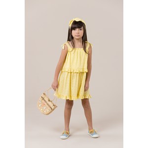 Vestido infantil curto de laise com detalhe de babado Amarelo Claro