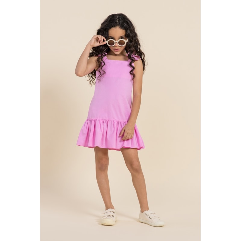 Vestido infantil de anarruga com alça de laço Rosa