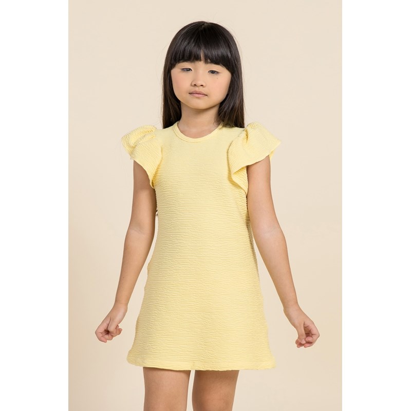 Vestido infantil de malha com efeito de anarruga manga curta Amarelo Claro