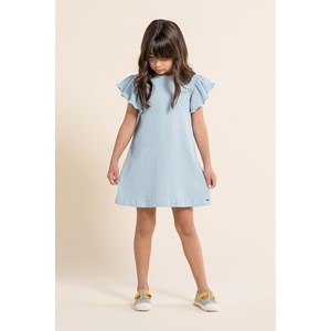 Vestido infantil de malha com efeito de anarruga manga curta Azul Claro