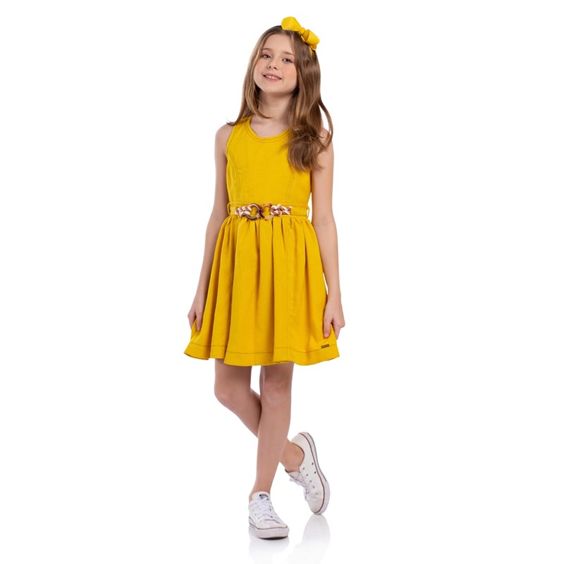 Vestido Infantil Decote E Cava Nas Costas Com Cindo De Cordão Amarelo Canario