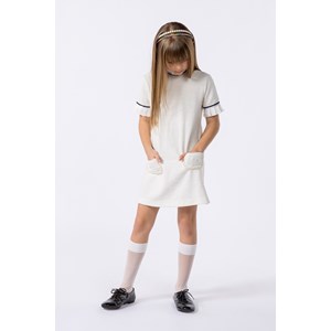 Vestido infantil em malha tweed com bordado de pérolas Off white