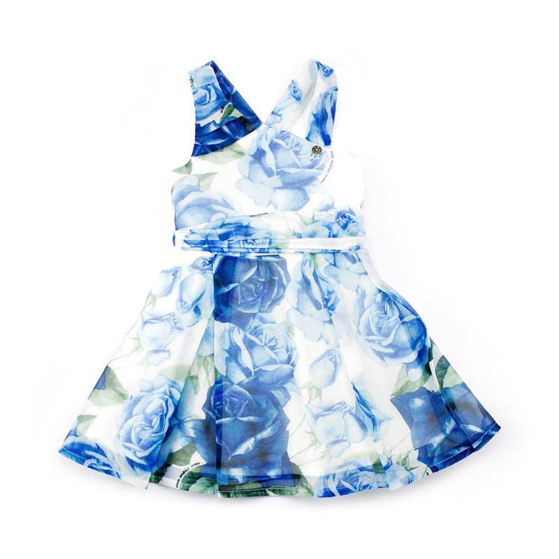 Vestido Infantil Em Organza Engomada Com Estampa De Rosas - 1+1 Azul