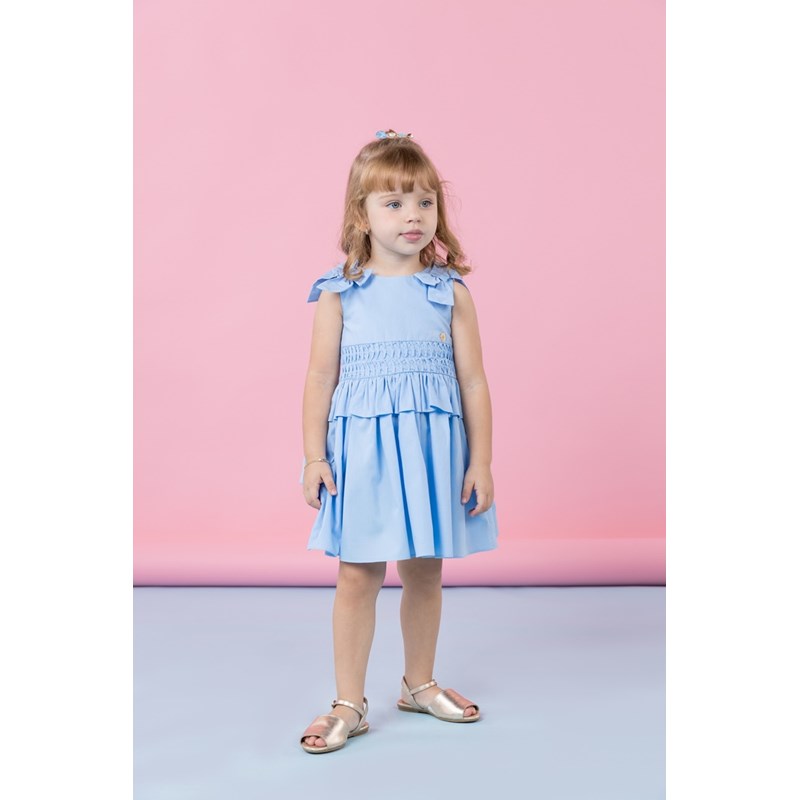 Vestido infantil em tricoline Azul Claro