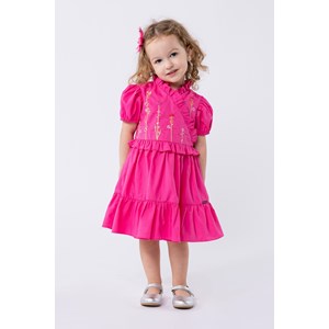Vestido infantil em tricoline com bordado Pink
