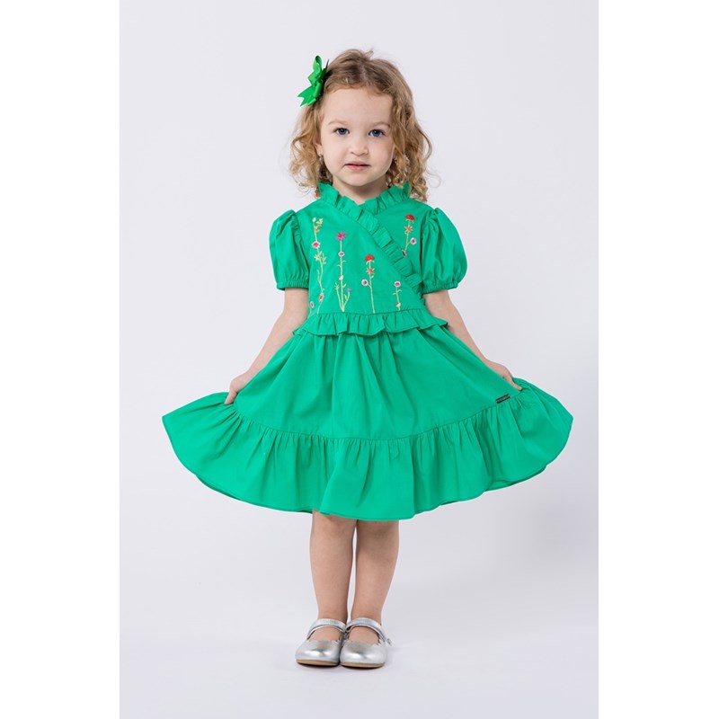Vestido infantil em tricoline com bordado Verde Médio