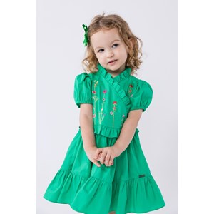 Vestido infantil em tricoline com bordado Verde Médio