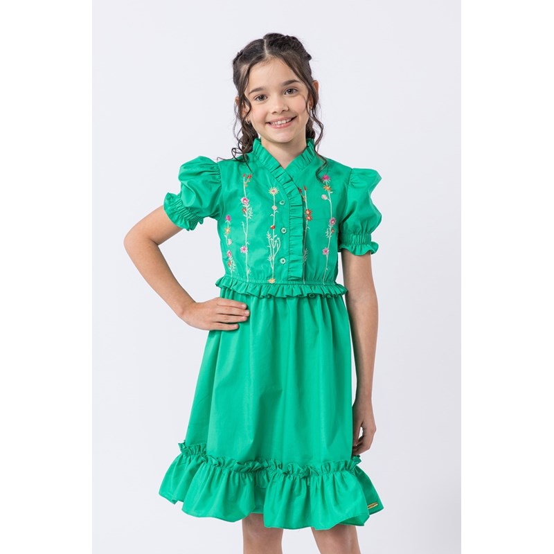Vestido infantil em tricoline com detalhes em bordado Verde Médio