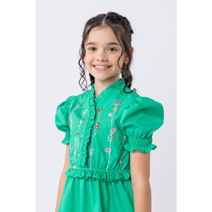 Vestido infantil em tricoline com detalhes em bordado Verde Médio