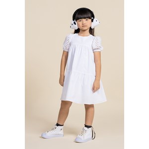 Vestido infantil em tricoline com manga bufante em laise Branco