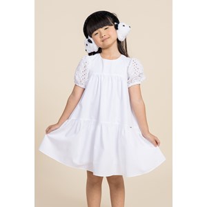 Vestido infantil em tricoline com manga bufante em laise Branco
