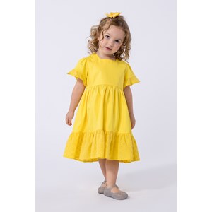 Vestido infantil em tricoline e laise Amarelo Médio