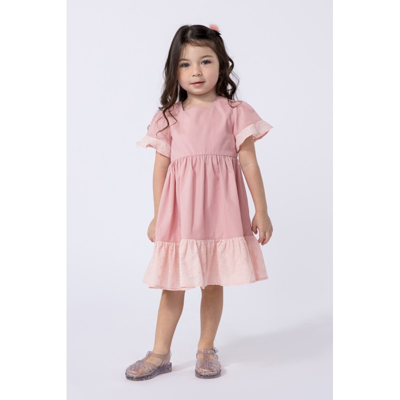 Vestido infantil em tricoline e laise Nude