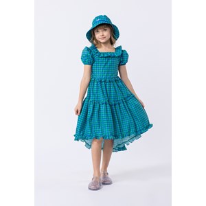 Vestido infantil em tricoline estampada Azul Bic