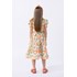 Vestido infantil em tricoline estampada com detalhe franzido Laranja
