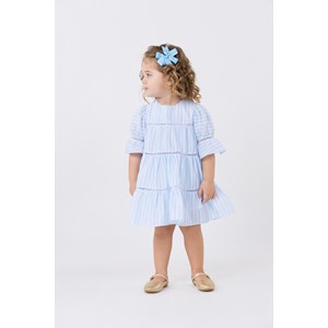 Vestido infantil em tricoline estampada com entremeios Azul Claro