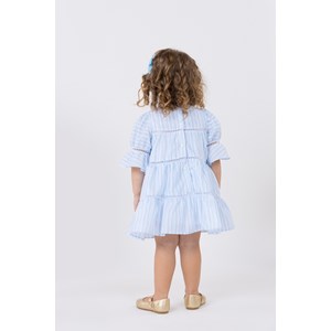 Vestido infantil em tricoline estampada com entremeios Azul Claro