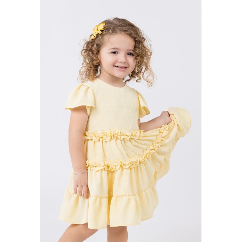 Vestido infantil em tricoline plumetis Amarelo Claro