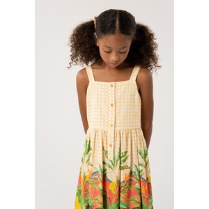 Vestido Infantil Estampado Botões Frontal Barrado Tropical + Faixinha De Cabelo VD OLIVA