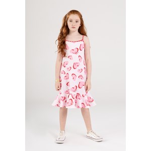 Vestido Infantil Estampado Com Alças E Barrado Franzido Rosa Claro