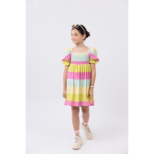 Vestido infantil jumper em sarja estampada com detalhe em lastex Multicolorido