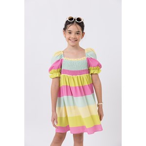Vestido infantil jumper em sarja estampada com detalhe em lastex Multicolorido