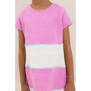 Vestido infantil manga curta e recortes com detalhe de sianinha azul Pink