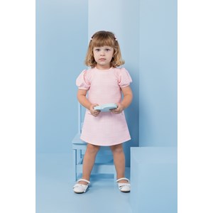 Vestido infantil manga curta franzida bufante lapela com botão  parte inferior Rosa Claro