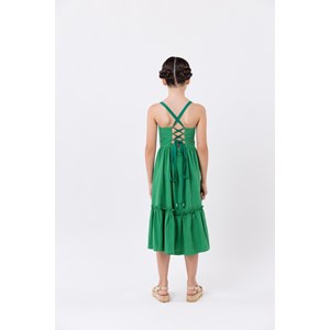 Vestido infantil midi em anarruga com alças cruzadas Verde Médio
