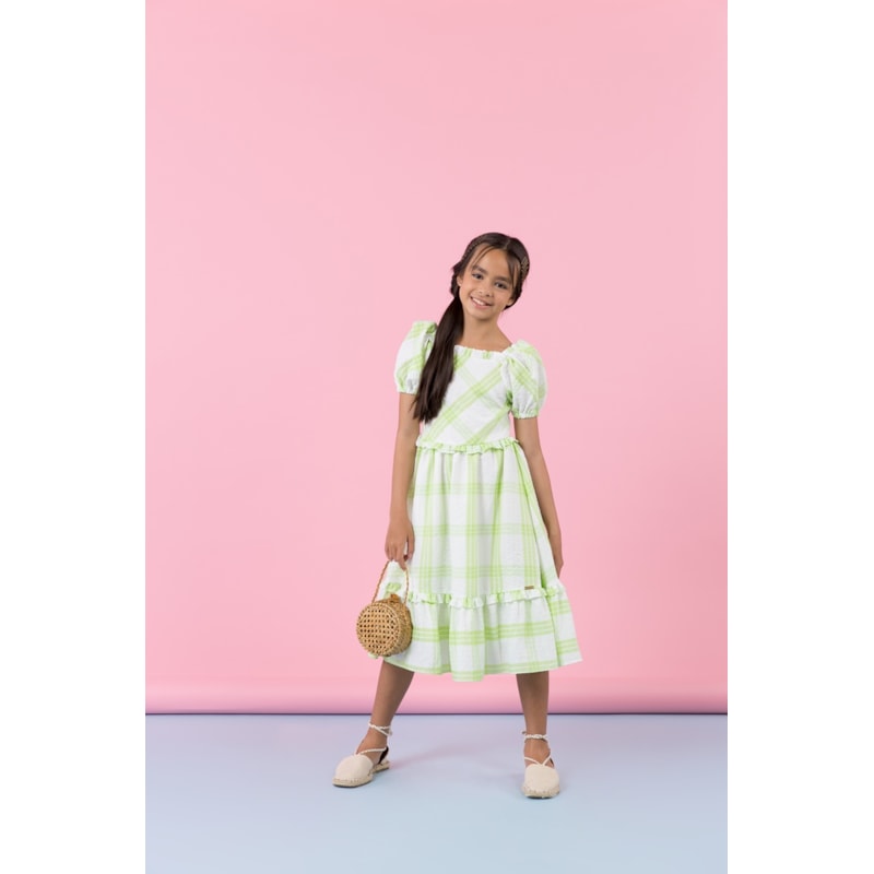 Vestido infantil midi em anarruga xadrez com manga puff Verde Claro