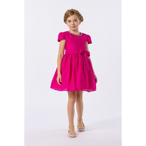 Vestido infantil rodado jacquard de viscose com bordado no decote Pink